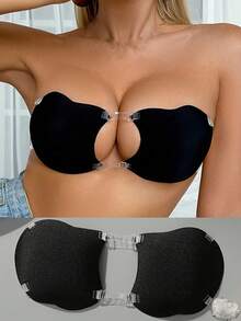 1对隐形硅胶粘性聚拢文胸，透明肩带，可重复使用，无背粘性文胸，防水低敏，可拆卸透明肩带，提拉胸部，适合婚礼、露背装、泳装和日常穿着。 - 彩色 - 查看 1