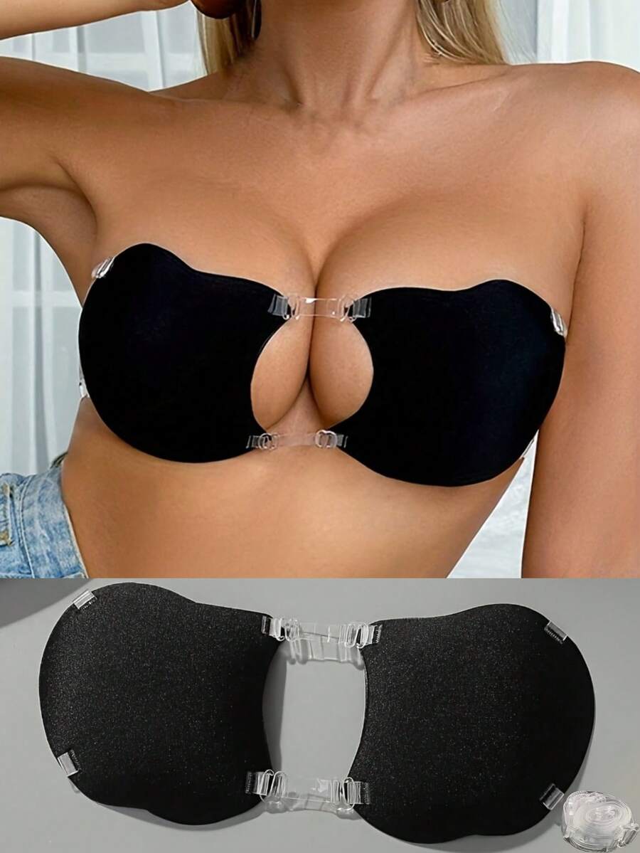 1对隐形硅胶粘性聚拢文胸，透明肩带，可重复使用，无背粘性文胸，防水低敏，可拆卸透明肩带，提拉胸部，适合婚礼、露背装、泳装和日常穿着。 - 彩色 - 查看 1