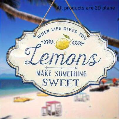 Tranh treo tường 2D phẳng thay vì 3D, họa tiết chanh xanh trắng cổ điển với khẩu hiệu "Khi cuộc sống cho bạn những quả chanh, hãy làm điều gì đó ngọt ngào" - Phong cách Bohemian, dễ treo, phù hợp trang trí trong nhà/ngoài trời, hiên nhà hoặc nhà ven biển, trang trí nhà bếp chủ đề chanh, thiết kế 2D phẳng, dễ treo | Thiết kế chanh cổ điển | Bề mặt vân gỗ, trang trí chủ đề chanh