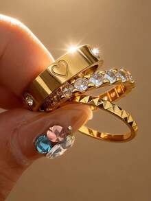 Nhẫn vuông mạ vàng 14K đính 3 và 8 viên kim cương, kiểu dáng thời trang và sáng tạo, chất liệu thép không gỉ chống nước, không phai màu, thích hợp đeo hàng ngày, dự tiệc, làm quà tặng Ngày của Mẹ. - Vàng 9 - Xem 11