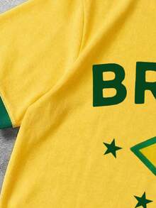 Casual Loose Fit Colorblock Short Sleeve T-Shirt, Brazil Flag Print, High Street American Style Summer Sportswear - Yellow - View 5