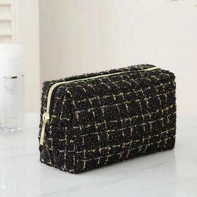 1pc Large Capacity Plaid Handheld Woven Cosmetic Bag, Large Capacity Portable Toiletry Storage Bag, Makeup Case, Travel Bag