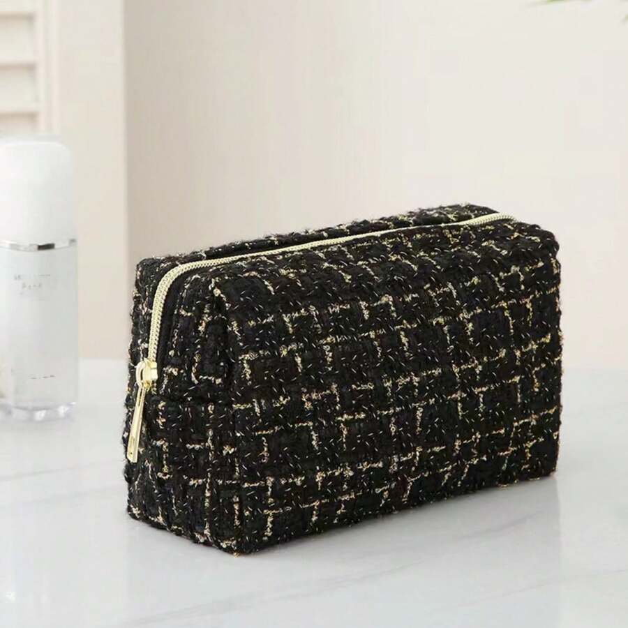 1pc Large Capacity Plaid Handheld Woven Cosmetic Bag, Large Capacity Portable Toiletry Storage Bag, Makeup Case, Travel Bag - Black - View 1
