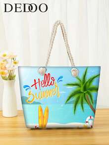 Dedoo 这款时尚的沙滩主题帆布手提包饰有海星和椰子树印花。提手采用厚实的米白色棉绳，固定在包口处。这是一款实用单肩包，非常适合夏季海滩度假和旅行。 - 彩色 - 查看 4