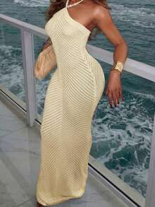 Summer Women's Faux Pearl Decor Camisole Dress, Hollow Out Neck Pink Knit Dress, Bohemian Style Bodycon Pencil Skirt.Suitable For Beach Outing, Casual Holiday, Music Festival, Beach Party, And Cocktail Party Vacation - 杏 - 查看 4