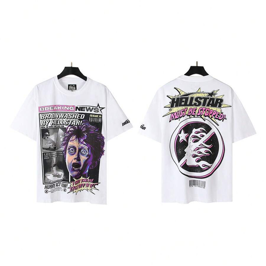HellST Vintage Streetwear T-Shirt, 100 Percent Cotton Casual Loose Top, Unisex Couple Matching Tee