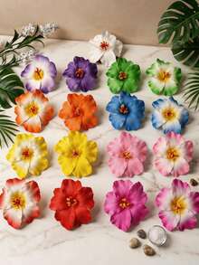 17pcs/Set Large Hibiscus Flower Hair Clips, Tropical Hawaiian Style Floral Hair Clips, Colorful Artificial Gerbera Daisy Hair Accessories Suitable For Summer Beach Vacation, Straw Party, Wedding, Boho Style (White, Red, Yellow, Pink),Holiday,Travel, Head Accessories - Multicolor - View 1