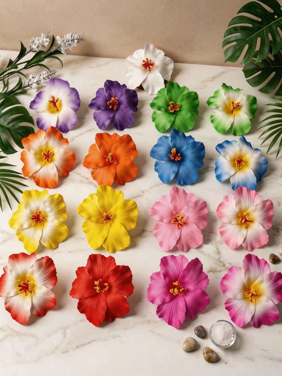 17pcs/Set Large Hibiscus Flower Hair Clips, Tropical Hawaiian Style Floral Hair Clips, Colorful Artificial Gerbera Daisy Hair Accessories Suitable For Summer Beach Vacation, Straw Party, Wedding, Boho Style (White, Red, Yellow, Pink),Holiday,Travel, Head Accessories - Multicolor - View 1