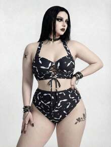 ROMWE Goth 2026 New Summer Beach Vacation Casual Punk Bat Animal Print Sexy Plus Size Swimsuit Set - Multicolor - View 3