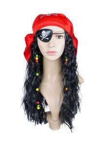 复古加勒比海盗风格男士黑色长卷发假发，串珠编织设计，自然蓬松大波浪纹理，适合角色扮演、主题派对和舞台表演 - 黑色 - 查看 11