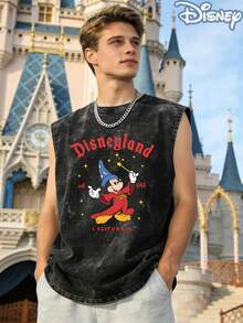 Disney Fantasia Mickey Mouse Officially Licensed Men's Sleeveless Graphic Tee, 100% Cotton 230g Washed Vintage Streetwear Shirt - 黑色 - 查看 3