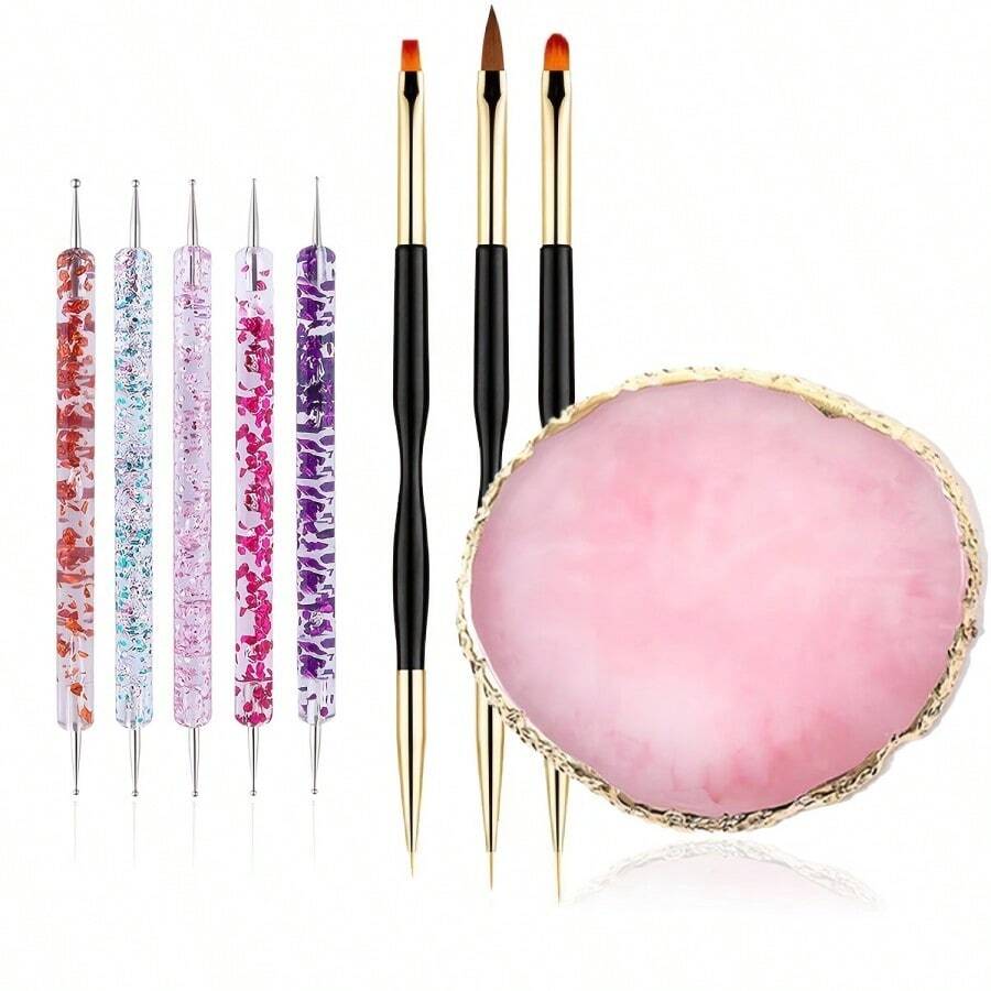 Bộ 9 cọ vẽ móng nghệ thuật - 1 bảng pha màu resin - 5 bút chấm móng nghệ thuật - 3 cọ vẽ móng nghệ thuật - Bảng pha sơn móng tay, bút chấm hai đầu, bút kẻ viền móng, cọ vẽ móng. - Nhiều màu - Xem 1