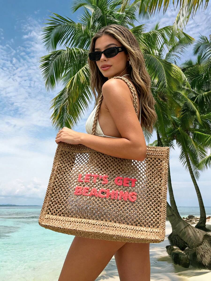 Summer Straw Tote Bag,Embroidered Mesh Beach Bag, Large Woven Shoulder Bag For Vacation & Daily Use