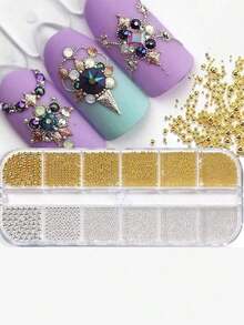 12-Grids Nail Beads With 1Pc Magnet Picker Tool 3D 12Grids Gold Silver Caviar Beads Metal Nail Charms Gems Mixed-Sizes Gold Silver Steel Balls Nail Art Design Decoration Manicure Diy Supplies Metal Charm Mini Caviar Nail Beads Crystal Decoration Nails - 彩色 - 查看 5