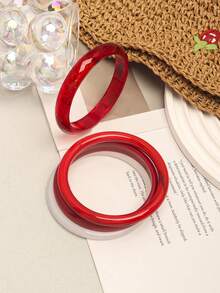 4pcs Vintage Resin Multi-Color Patterned Acrylic Bangle Bracelets, Fashionable & Versatile Daily Wear For Women - Red - View 4