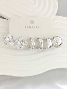 6/18pcs Women Silver Tone Fashion Earring Set, Includes Ball Stud Earrings, Smooth C-Hoop Earrings, 5-Petal Flower Stud Earrings, Cat Claw Stud Earrings, Wide C-Hoop Earrings, Textured C-Hoop Earrings, Fashionable & Elegant/Refreshing Silver Tone Earring Set, Great Gift For Friends, Lovers, Mothers - Silver - View 4
