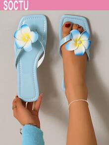 SOCTU Women's Plumeria Flip Flops, Square Toe Flat Sandals, Summer Beach Holiday Shoes - Blue - View 7
