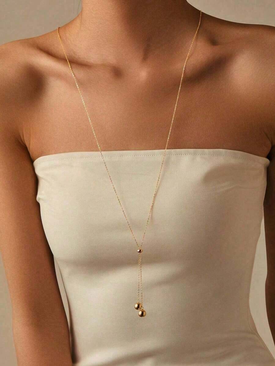 1pc Stainless Steel Long Adjustable Necklace, Minimalist And Suitable For Daily Decoration For Women - Vàng - Xem 1