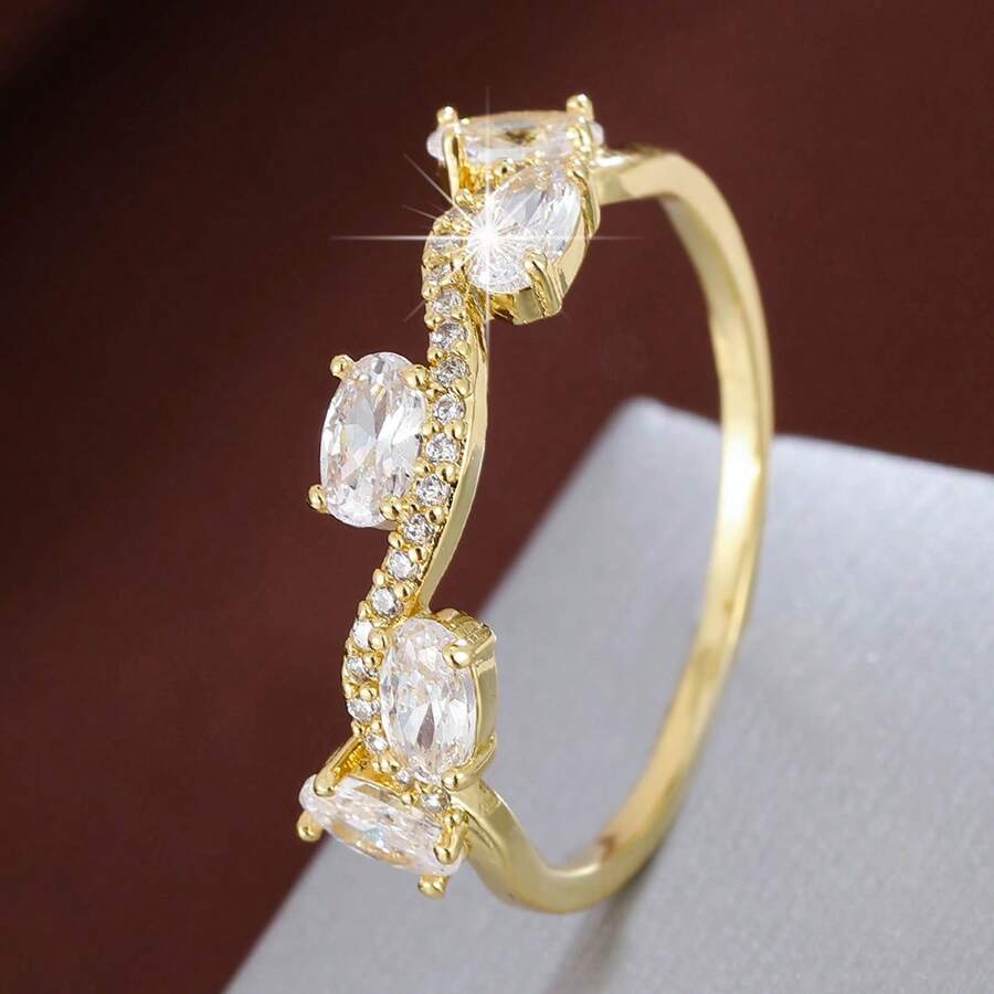 1pc Minimalist Plant Leaf Shaped Design Cubic Zirconia Inlaid Women's Ring - Multicolor - View 1