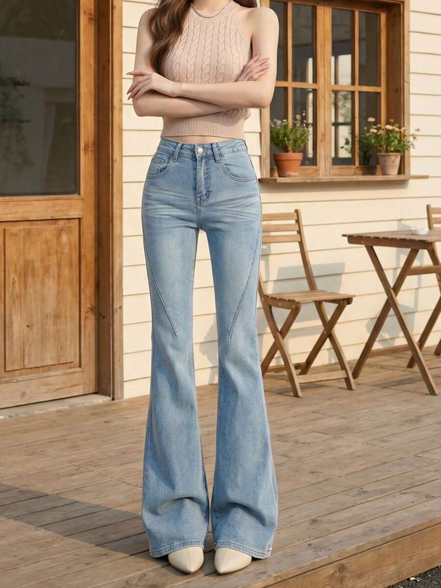 YEAE | 女士复古阔腿牛仔裤，冰蓝色 - 中等水洗藍 - 查看 1