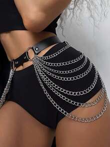 1 pieza Accesorio de arnés de cinturón de cuero con cadena para mujer, adecuado para vacaciones y Halloween - Negro - Ver 9