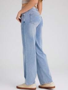 Women Asymmetric Low Rise Zipper Pockets Baggy Wide Leg Washed Casual Jeans - 特淺藍 - 查看 2