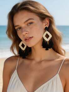 Yanxyad 1/6 pares de pendientes de ratán para pendientes geométricos de declaración ligeros, pendientes colgantes de gota de trenza de paja y mimbre hechos a mano - Multicolor - Ver 3