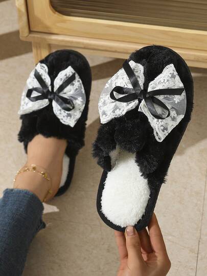 Cute Girl's Lace Bow Slippers, Indoor Home Lightweight Quiet Non-Slip Warm Plush Slippers For Autumn/Winter