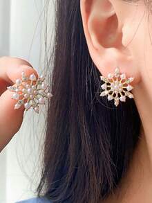 6 Pairs Rhinestone & Faux Pearl French Style Luxury Bohemian Earrings Set, Elegant Unique Earrings Suitable For Daily Wear And Festivals - Gold - View 2