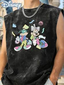Disney Mickey And Minnie Mouse Retro Officially Licensed Men's Sleeveless Graphic Tee, 100% Cotton 230g Washed Vintage Shirt - màu đen - Xem 2