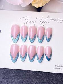 10 piezas de pegatinas de uñas hechas a mano, uñas postizas cortas, aptas para el uso en verano, estilo Y2K, que incluyen colores rojo, rosa, azul, marrón, dorado y otros, base rosa con punta francesa en forma de V azul y bordes dorados, estilo dulce y elegante, adecuado para que las damas y niñas lo usen en citas, fiestas y viajes diarios - Neblina azul - Ver 2