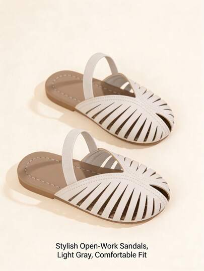1 đôi dép xăng đan đế bằng thoáng khí, kiểu dáng slip-on, đế bệt thoải mái cho trẻ em, dép hở gót thời trang đường phố màu be, dép mềm mại, thoải mái, nhẹ nhàng cho kỳ nghỉ hè, du lịch, sinh hoạt hàng ngày, hoạt động ngoài trời, phù hợp cho bé gái từ 2-10 tuổi.