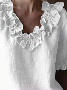 Solid Color Ruffle/Frill Trim Casual Round Neck Blouse, Spring/Summer White - White - View 2
