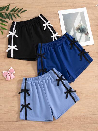 Set de 3 shorts casuales de cintura elástica para niñas con parches de cinta y decoración de moño, para verano