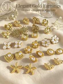 Set de 24 piezas de pendientes de botón de estilo único y de moda, con postes de acero inoxidable, adecuados para regalar a compañeros de clase y amigos, directa de fábrica, pendientes de mujer, pendientes dorados, pendientes dorados de mujer - Pendientes de oro, perlas y blanco - Ver 2