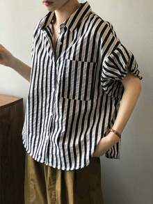女款條紋半泡泡袖鈕扣領上衣，適合通勤、辦公室與街頭穿搭 - 杏色 - 查看 1