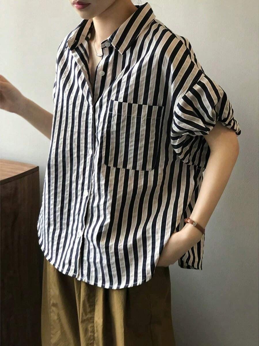 女款條紋半泡泡袖鈕扣領上衣,適合通勤、辦公室與街頭穿搭 - 杏色 - 查看 1