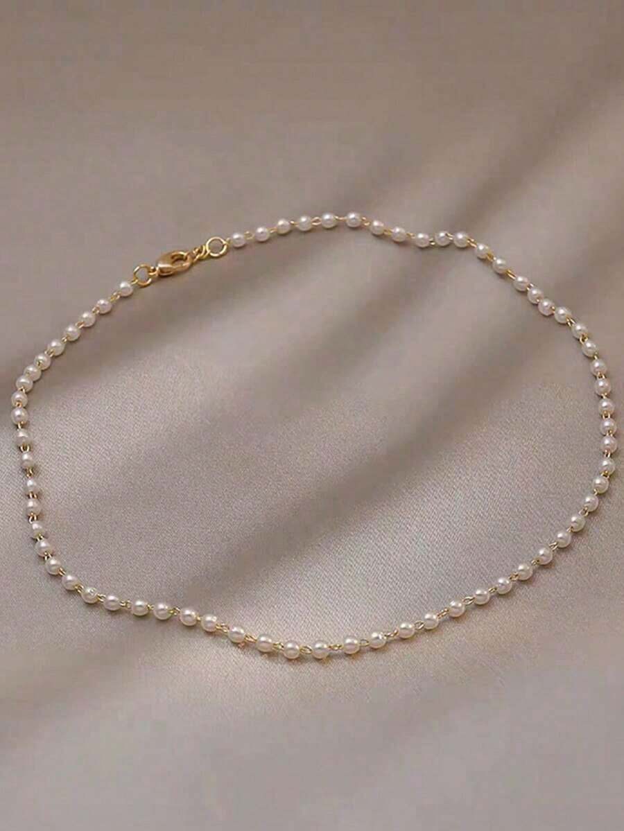 1pc French Vintage Pearl Necklace, Minimalist Collarbone Chain With Random Pearl Quantity - trắng - Xem 1