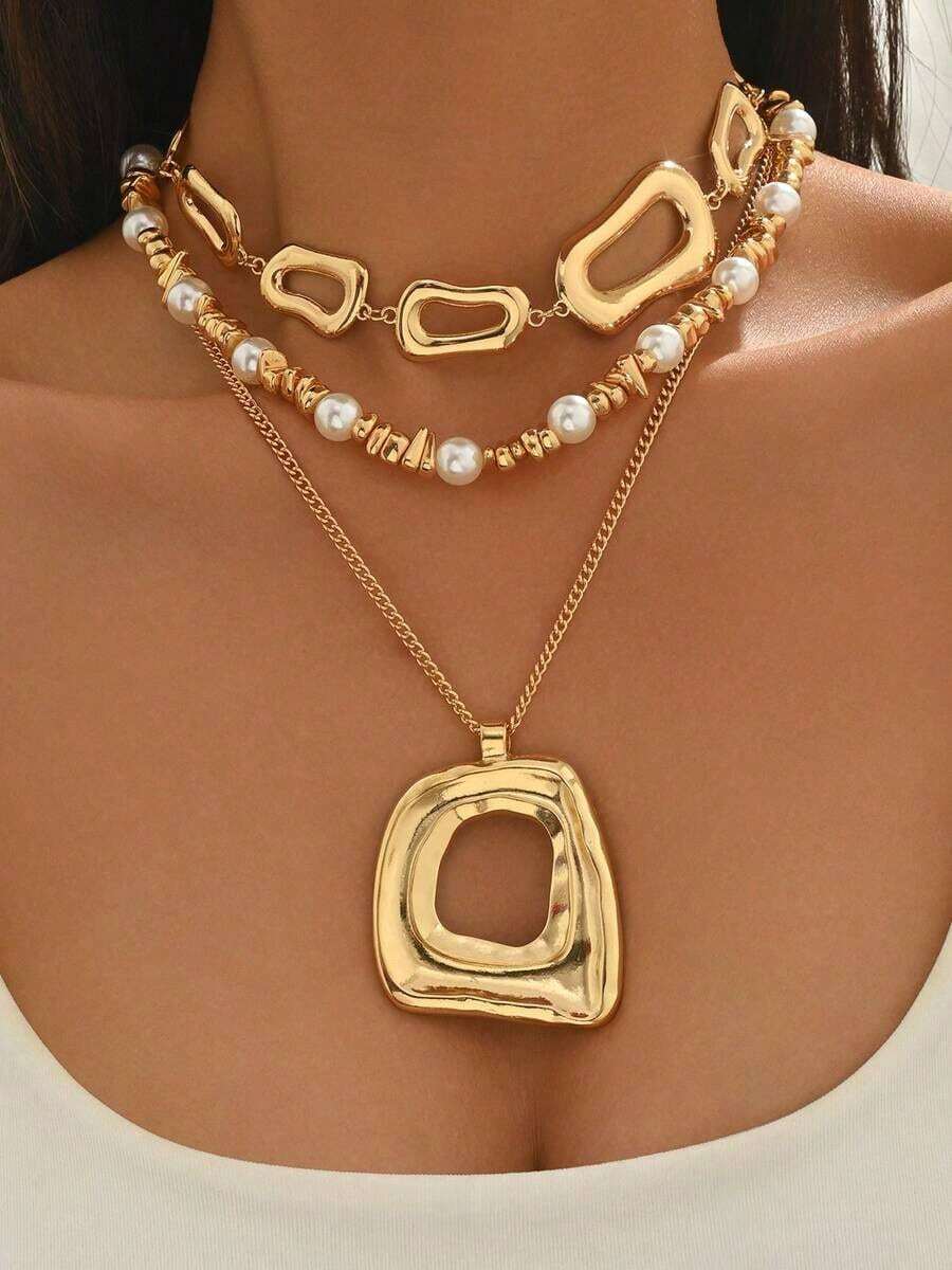 3pcs/Set Unique Design Hollow Square Pendant Necklace, Asymmetrical CCB Asymmetric Pearl Choker Necklace, Vintage Exaggerated Necklace For Women, Suitable For Daily Wear, Dates, Parties, Vacations - 彩色 - 查看 1