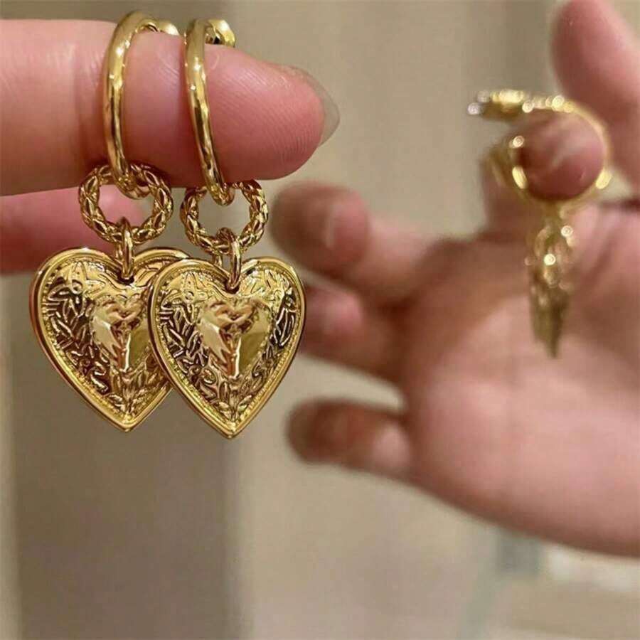 1pair European And American Style Heart Shaped Gold-Plated Heavy Metal Dangle Earrings, Great For Fashion Street Photography Women's Autumn Valentines,Mom,Mother,Mother's Day,Gift - 金子 - 查看 1