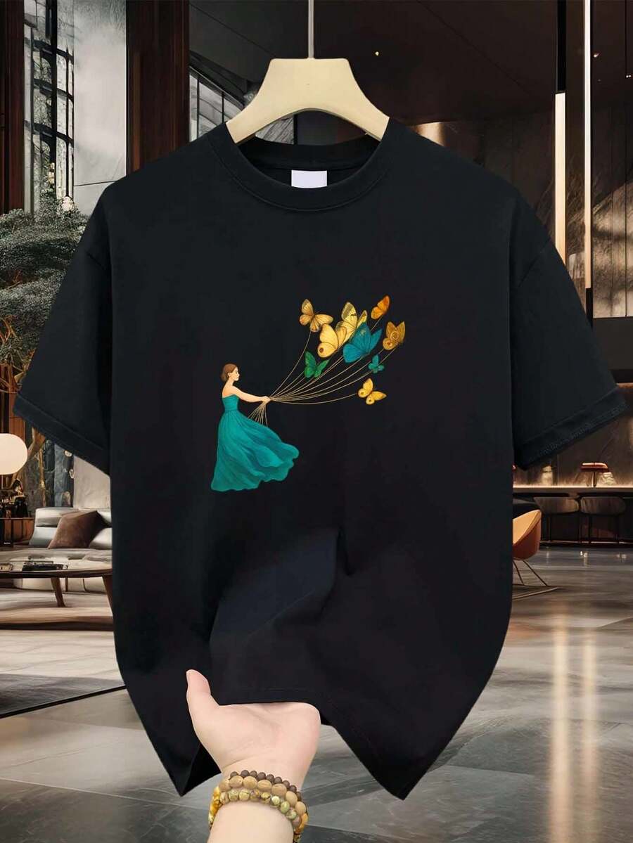 Camiseta Butterfly Lady para Hombre| Mujer Elegante con Estampado de Mariposas Coloridas, Impresión Pura y de Primera Calidad, Duradera, Moda Casual, Cuello Redondo, Corte Regular, Manga Corta - Negro - Ver 1