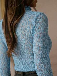 Blusa elegante de unicolor con cuello de encaje transparente para primavera - Celeste - Ver 5