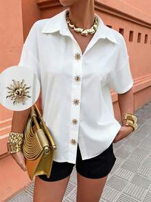 Women's Casual Vacation Daily Work Metal Button Front Loose White Blouse, Suitable For Festival, Beach, Country Outfits Summer - White - View 7