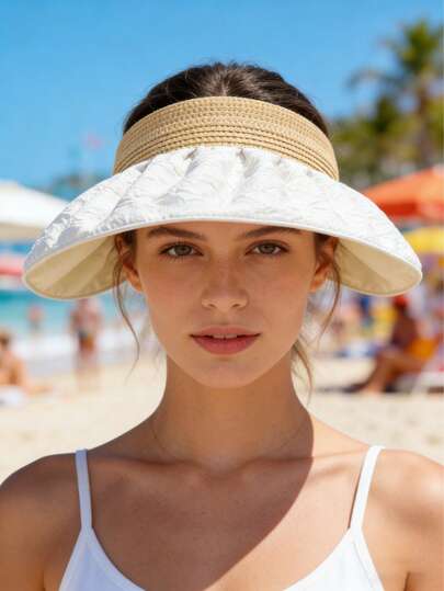 1顶双面遮阳帽，帽檐，贝壳帽，女士可折叠帽，白色，大帽檐设计，夏季户外防紫外线，沙滩帽，女士帽子，发饰，女士遮阳帽