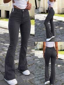 Pantalon évasé gris foncé style Y2K pour femmes, couleur unie taille haute à design ajusté élastique, élégant style décontracté de rue, convient pour le printemps/été, les vacances, le style boho - Gris - Voir 7
