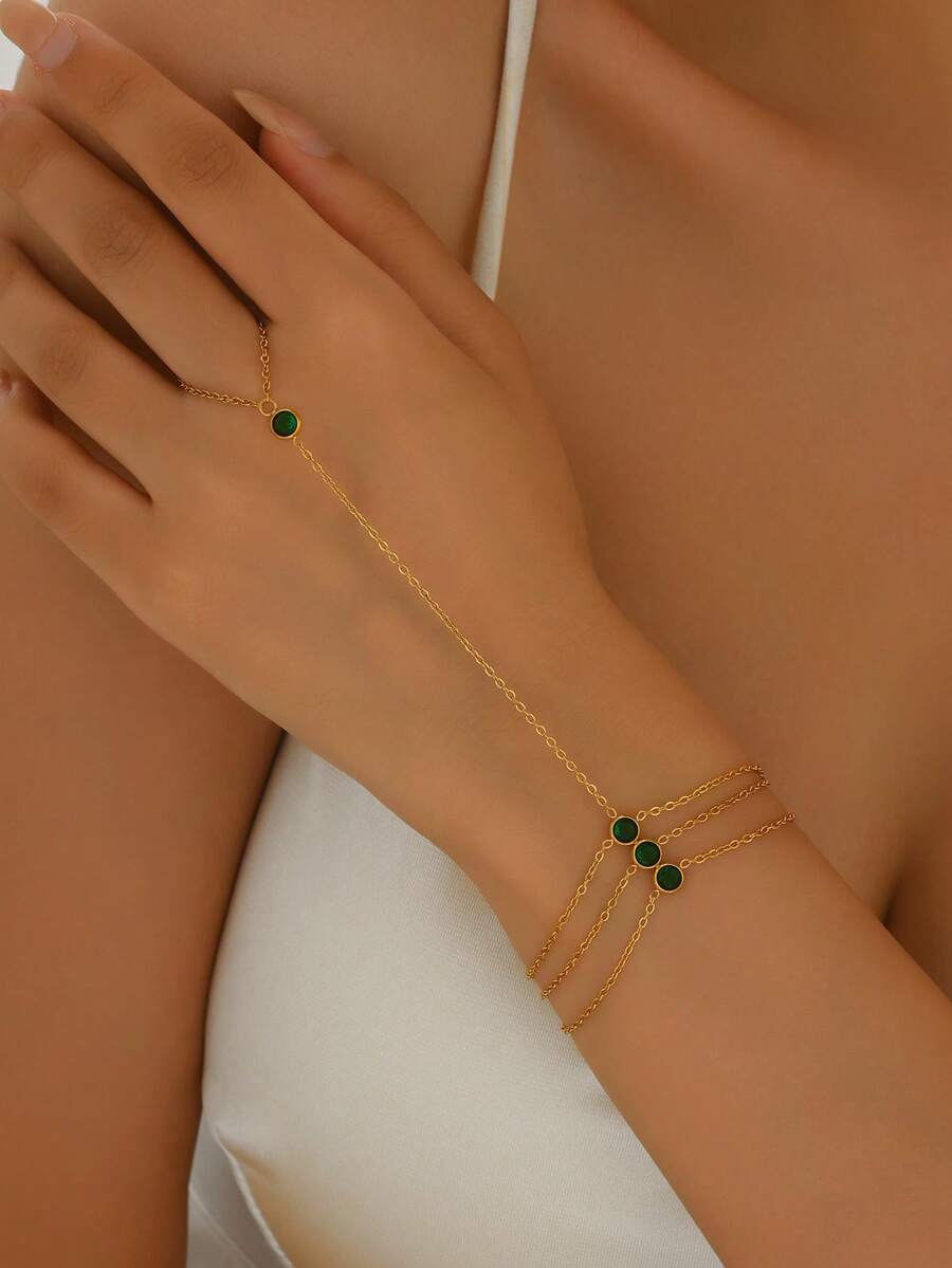 1 chiếc vòng tay nữ bằng thép không gỉ mạ vàng 18K, 3 lớp đính đá Cubic Zirconia màu xanh lá cây, trang sức thời trang. - Vàng - Xem 1