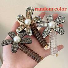 镶钻花朵扭结发圈，甜美珍珠花朵电话线发圈，珍珠女士花朵缠绕发绳，气质发圈发饰头饰 - 多色 - 查看 13