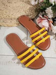 Women's Elegant Thong Sandals, Soft Thick Strap, Golden Beaded Design, Fisherman Slides, Essential For Home, Outdoor And Beach Wear - Yellow - View 6
