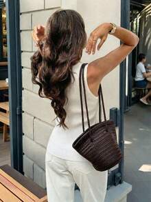 Women's Y2K Vintage White Ruffle Sleeveless Knit Top, Slim Waist Round Neck Ribbed Top, Elegant For Daily Work & Commute Spring Summer - White - View 8