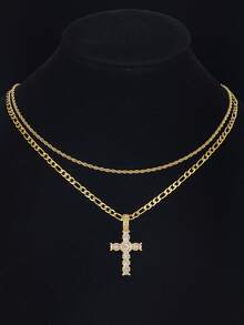 2pcs/Set Cross Necklace Pave-Zirconia Cross Pendant Stainless Steel Figaro Chain & Twisted Rope Chain Necklace For Boys Girls Sports, Birthday, Festival, Back To School, Graduation Gift For Daily Wear Jewelry Accessory - Multicolor - View 4